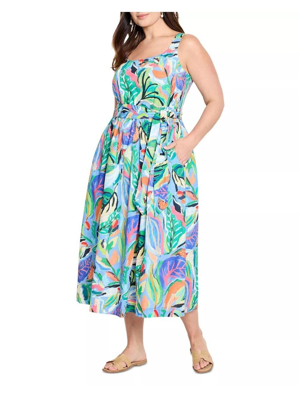 188$ NIC+ZOE Plus Sophie Allover Tropical Print Maxi Dress Size XS Blue Multi